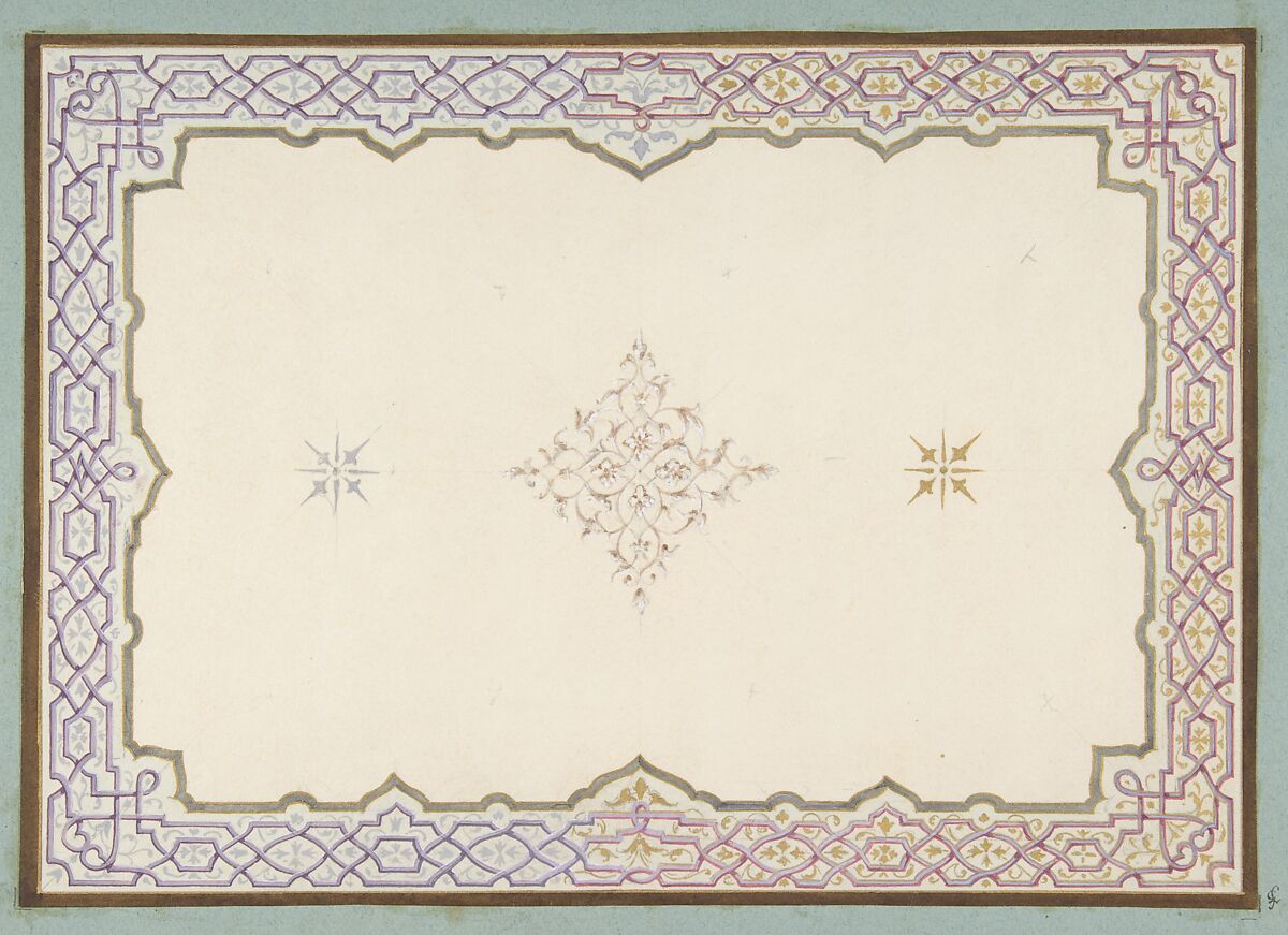 Design for the decoration of a ceiling with a border of strapwork and a central filagree medallion, Jules-Edmond-Charles Lachaise (French, died 1897), watercolor, gouache, and gold paint on wove paper; mounted on blue wove paper 