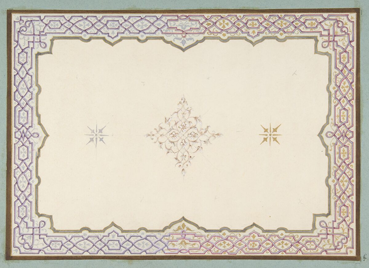 Design for the decoration of a ceiling with a border of strapwork and a central filagree medallion, Jules-Edmond-Charles Lachaise (French, died 1897), watercolor, gouache, and gold paint on wove paper; mounted on blue wove paper 