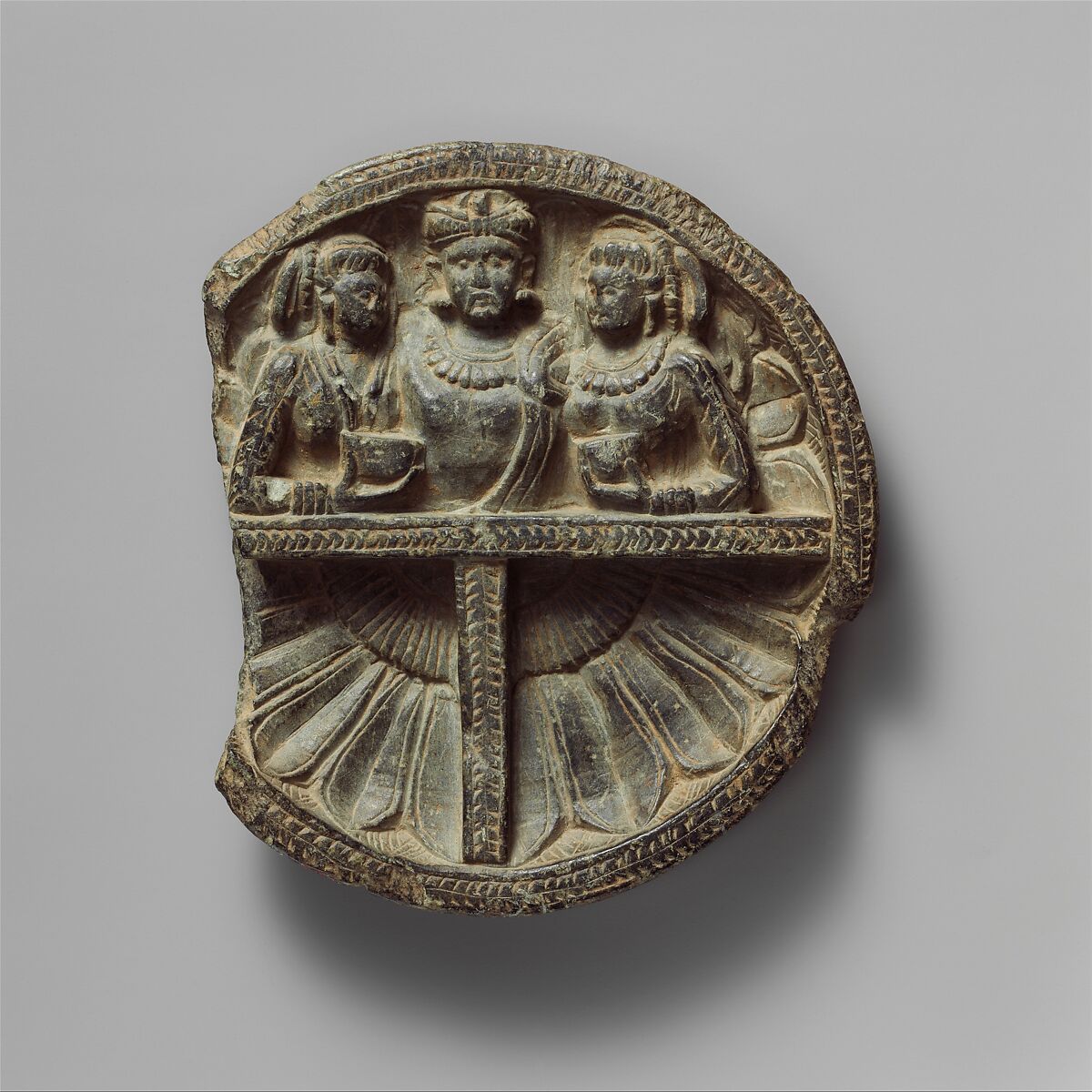 Dish with Drunken Herakles Embracing Two Women, Schist, Pakistan (ancient region of Gandhara) 