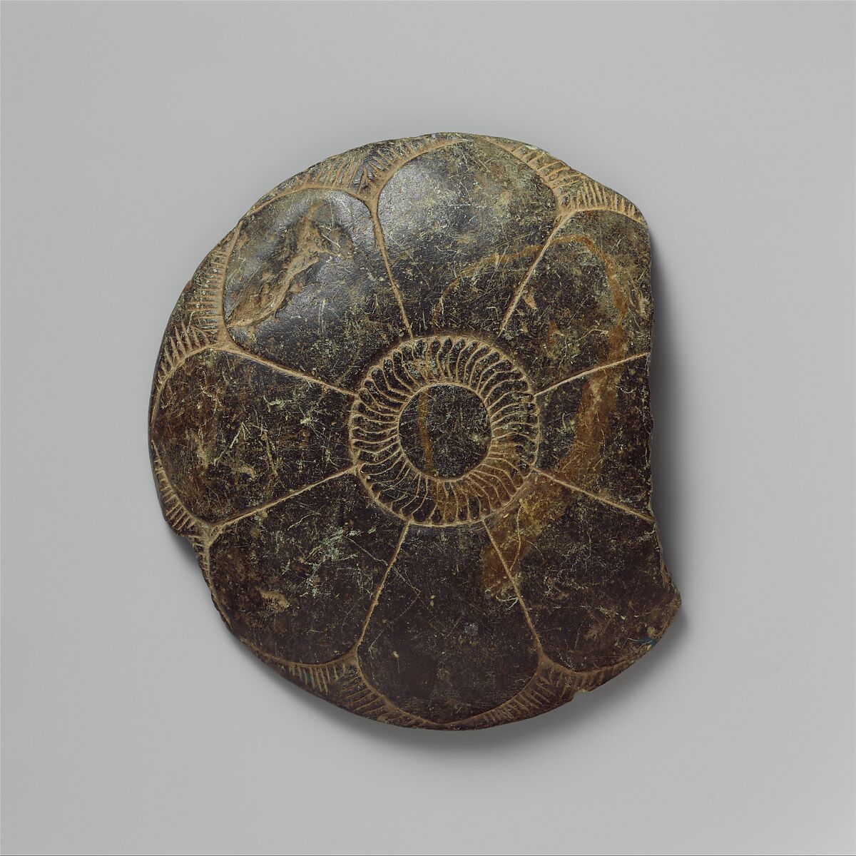 Dish with Drunken Herakles Embracing Two Women, Schist, Pakistan (ancient region of Gandhara)