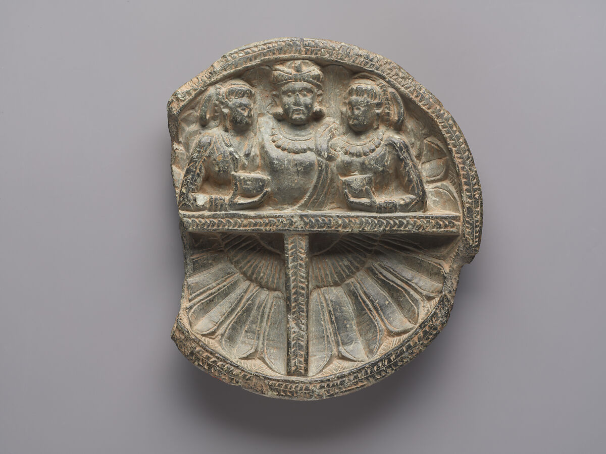 Dish with Drunken Herakles Embracing Two Women, Schist, Pakistan (ancient region of Gandhara)
