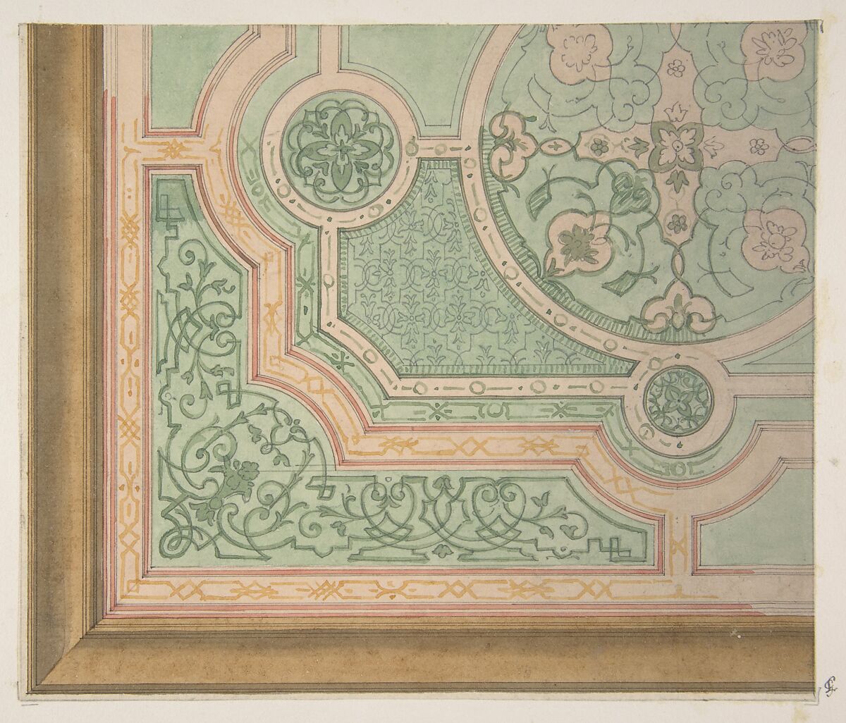 Design for the decoration of a ceiling with circular medallions, Jules-Edmond-Charles Lachaise (French, died 1897), graphite and watercolor on laid paper; mounted on wove paper 