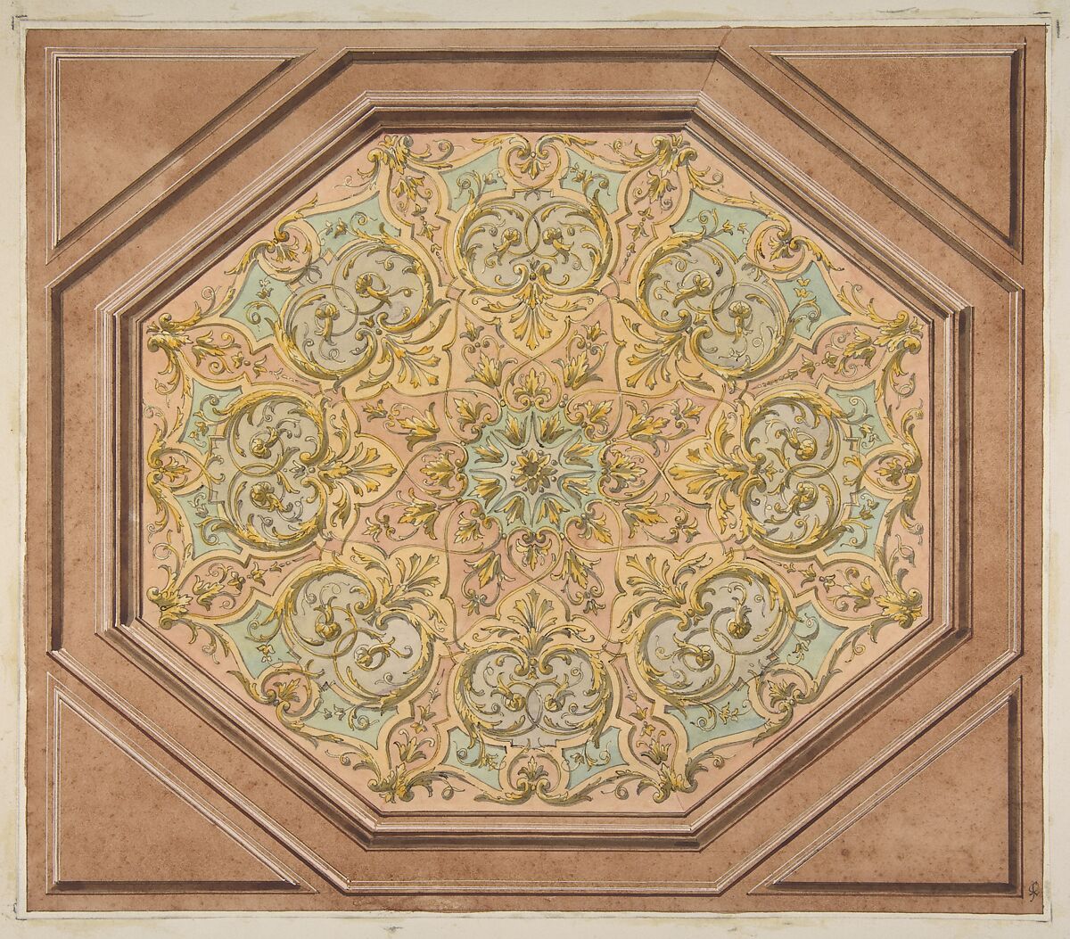 Design for the decoration of a hexagonal ceiling with rinceaux, Jules-Edmond-Charles Lachaise (French, died 1897), pen and ink and watercolor on wove paper; mounted on wove paper 