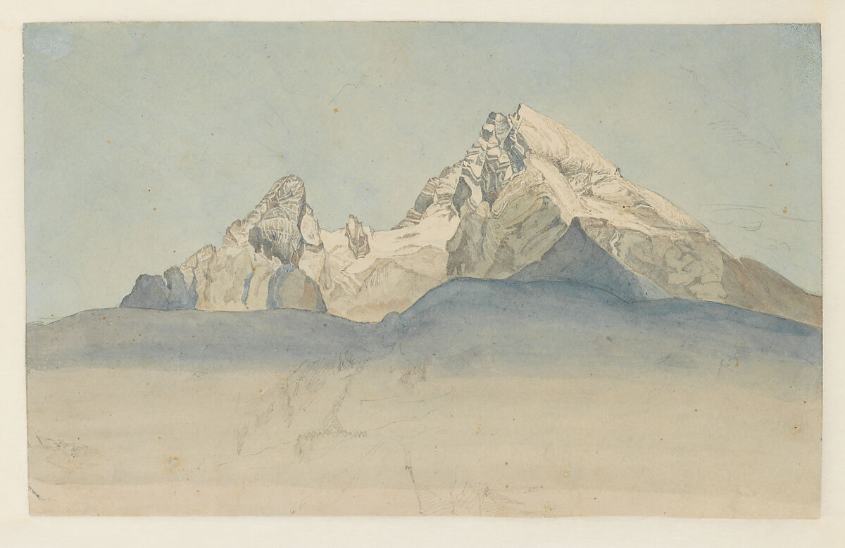The Watzmann seen from the northeast, with additional sketches of a mountain; verso: sketch of the church of Sankt Bartholomä on the Königssee at the foot of the Watzmann, seen from the east, August Heinrich (German, Dresden 1794–1822 Innsbruck), Watercolor over a sketch in charcoal; verso, graphite. Framing line on the upper, left, and right edges of the recto (possibly by the artist) 