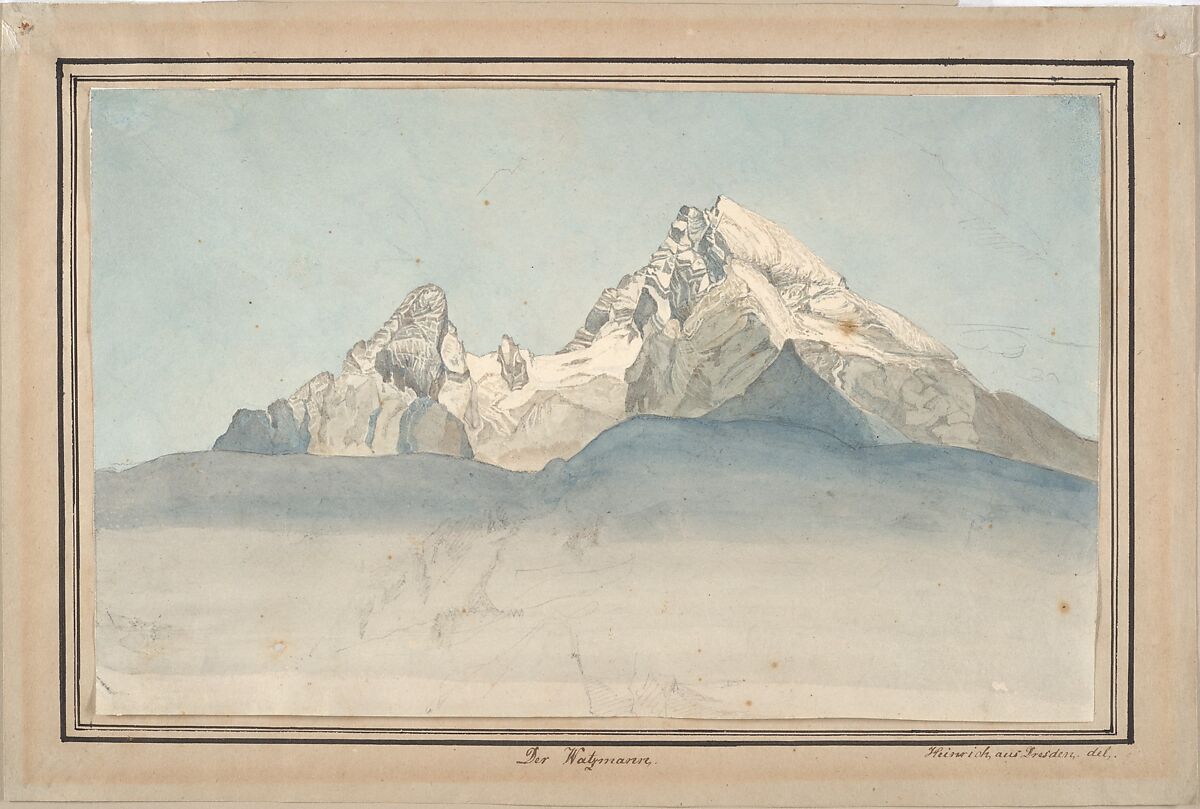 The Watzmann seen from the northeast, with additional sketches of a mountain; verso: sketch of the church of Sankt Bartholomä on the Königsee at the foot of the Watzmann, seen from the east, August Heinrich (German, Dresden 1794–1822 Innsbruck), Watercolor over a sketch in charcoal; verso, graphite. Framing line on the upper, left, and right edges of the recto (possibly by the artist) 