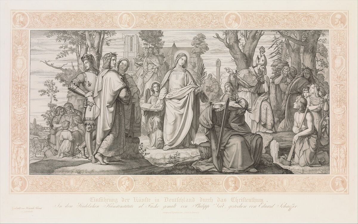 The Introduction of the arts in German by Christianity, Eugen Eduard Schäffer (German, 1802–1871), Etching and engraving; second state of two