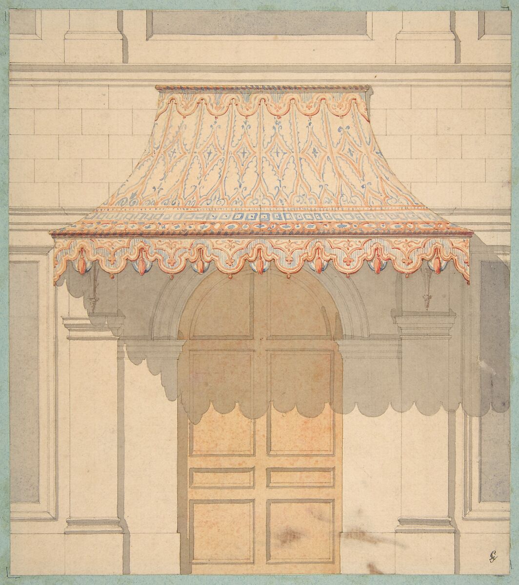 Design for an awning over a door, in Moorish style, Jules-Edmond-Charles Lachaise (French, died 1897), pen and ink, brush and wash, watercolor on laid paper; mounted on blue wove paper 