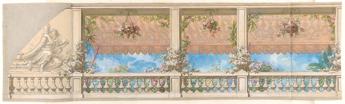 An Outdoor Balustrade Overhung with an Awning in Moorish Style, Jules-Edmond-Charles Lachaise (French, died 1897), graphite and watercolor on wove paper; mounted on laid paper 