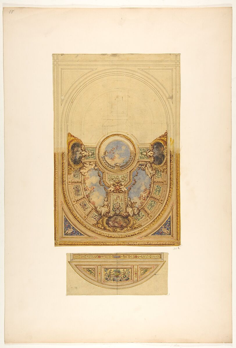 Design for the decoration of an oval ceiling with putti and garlands; with a detail of a lunette, Jules-Edmond-Charles Lachaise (French, died 1897), graphite, watercolor and gold paint on tracing paper; mounted on wove paper 