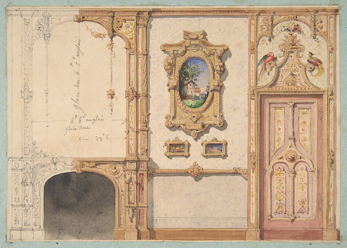 Design for the decoration of a wall punctuated by a fireplace and a door and hung with gold-framed pictures, Jules-Edmond-Charles Lachaise (French, died 1897), Graphite, watercolor, and gold paint on wove paper; mounted on blue wove paper 