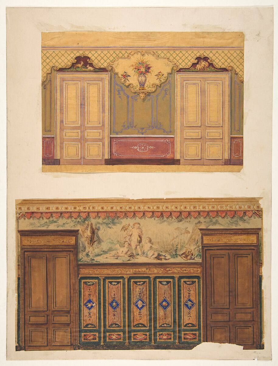 Two Designs for the decoration of walls pierced by pairs of double doors, Jules-Edmond-Charles Lachaise (French, died 1897), Graphite and watercolor on tracing paper; mounted on heavy wove paper