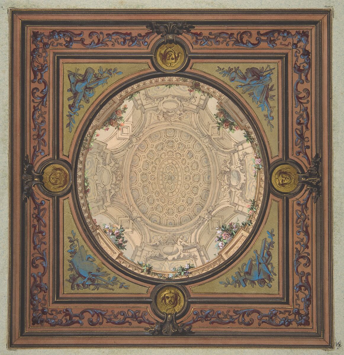 Design for the decoration of a ceiling with a trompe l'oeil painting of a coffered dome, Jules-Edmond-Charles Lachaise (French, died 1897), Graphite, pen and ink, watercolor and gold paint on wove paper, square foot,; mounted on blue wove paper 