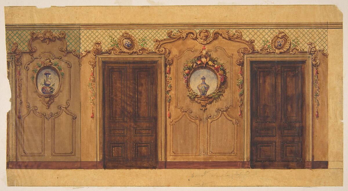 Design for a room with double doors decorated with garlands of fruit and flowers, scrolls, and lattice work, Jules-Edmond-Charles Lachaise (French, died 1897), pen and ink and watercolor on tracing paper; mounted on heavy wove paper 