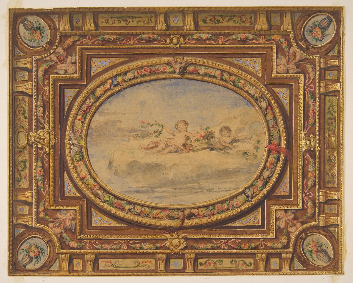 Design for a painted ceiling with putti on clouds in a central oval, Jules-Edmond-Charles Lachaise (French, died 1897), Graphite, watercolor, and gold paint on wove paper; mounted on wove paper 