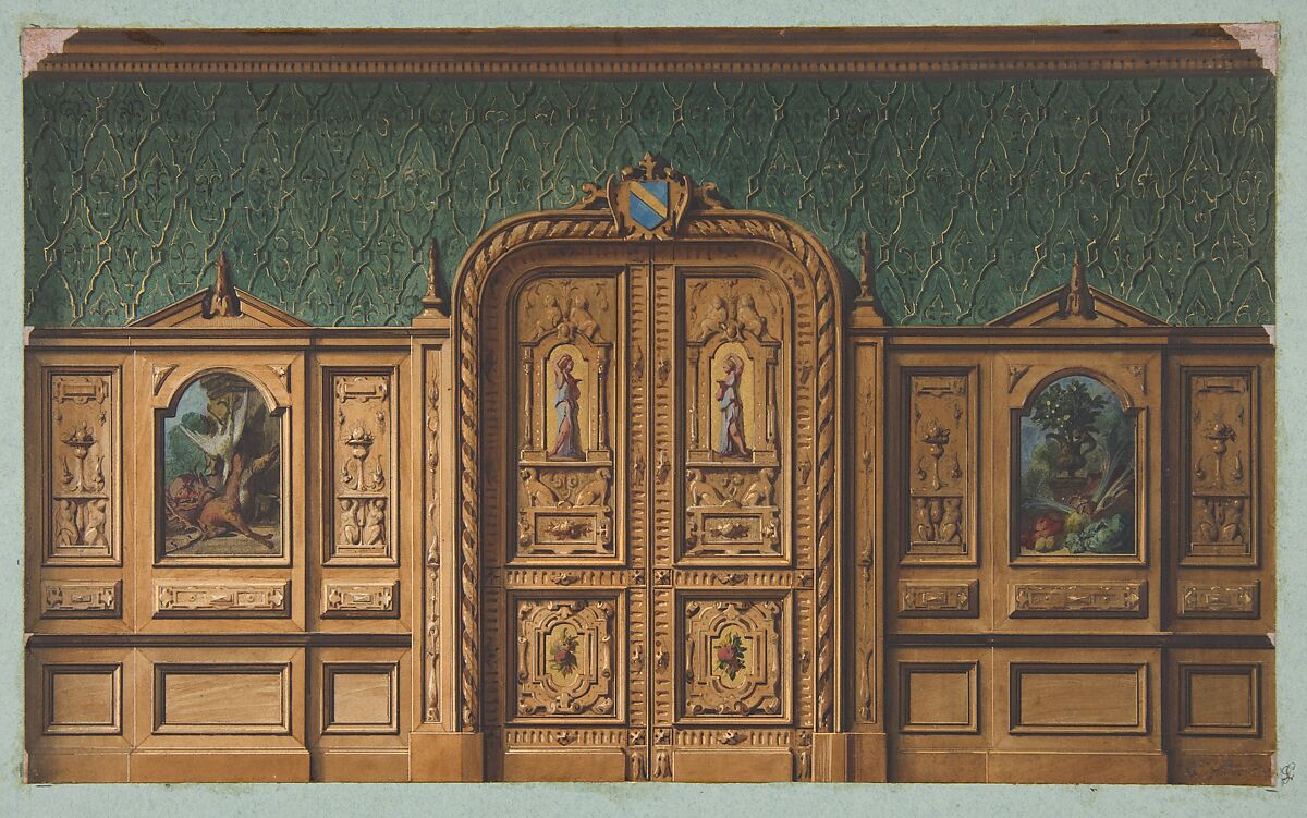 Design for a room with wood panels inset with paintings and a heavily-carved double door, Jules-Edmond-Charles Lachaise (French, died 1897), graphite, pen and ink, watercolor, and gold paint on wove paper; mounted on blue wove paper 