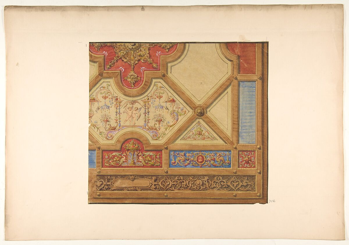 Partial design for the decoration of a ceiling in geometric panels painted with putti, masks., and griffins, Jules-Edmond-Charles Lachaise (French, died 1897), graphite, pen and ink, watercolor, and gold paint on tracing paper; mounted on heavy wove paper 