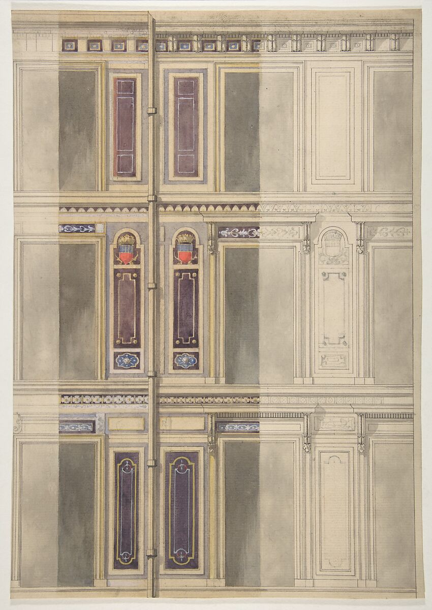 Designs for three windowed storeys, Jules-Edmond-Charles Lachaise (French, died 1897), Graphite, pen and ink, and watercolor on laid paper 