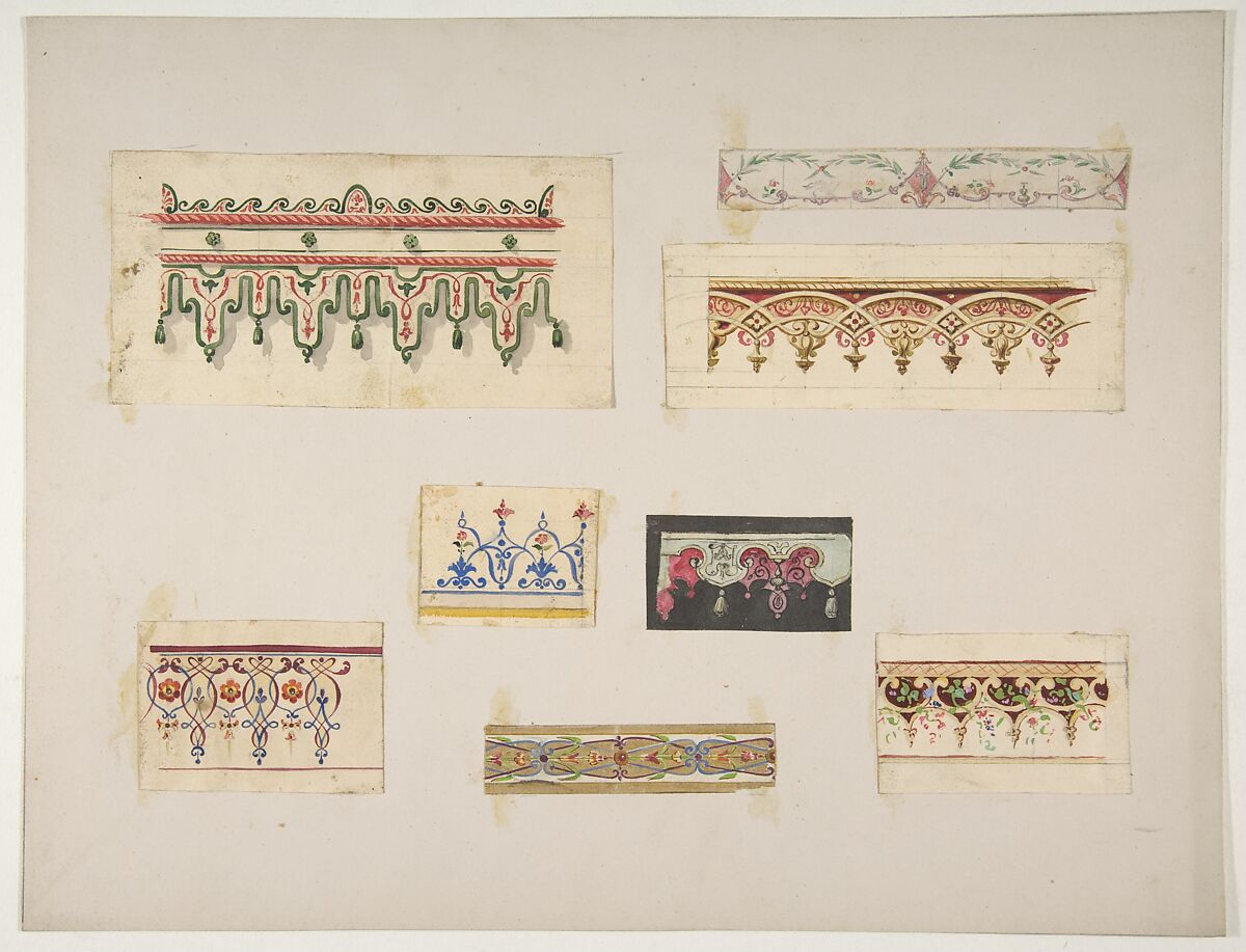 Eight designs for decorative borders, Jules-Edmond-Charles Lachaise (French, died 1897), Graphite, watercolor, and gold paint on wove papers; mounted on wove paper 