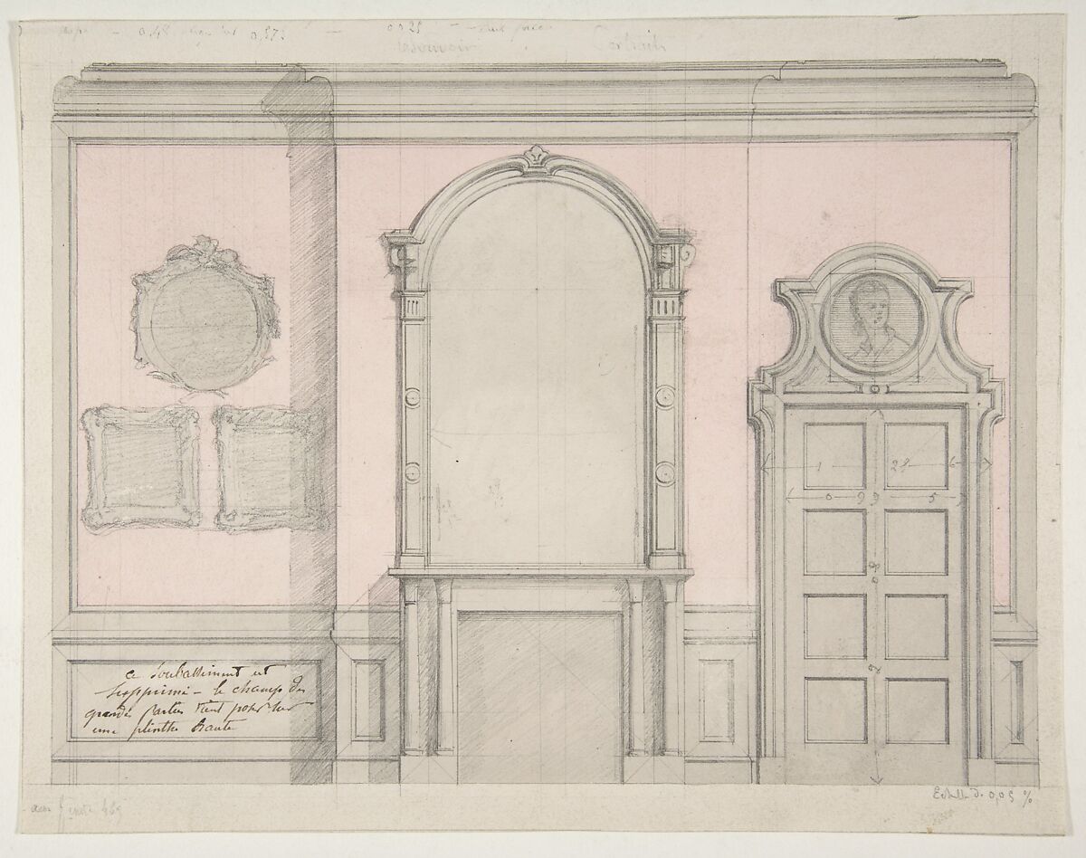 Design for treatment of a chimney-piece and adjacent door, Jules-Edmond-Charles Lachaise (French, died 1897), Graphite and watercolor on wove paper 