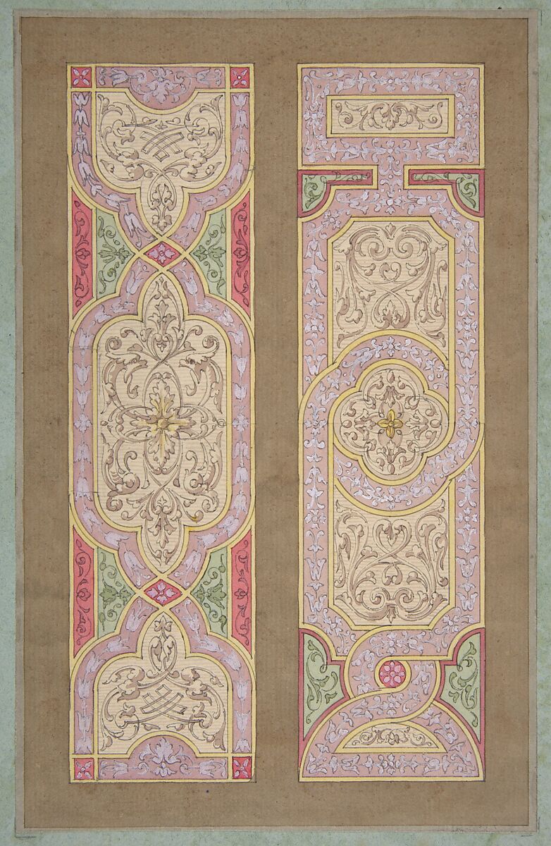 Designs for two panels painted in rinceaux, Jules-Edmond-Charles Lachaise (French, died 1897), Pen and ink and watercolor on laid paper; mounted on blue wove paper 
