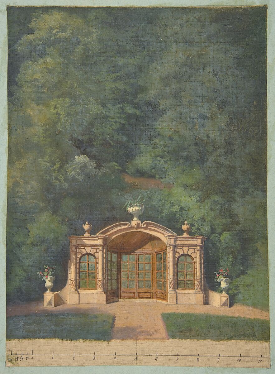 A garden pavilion in a forested landscape, Jules-Edmond-Charles Lachaise (French, died 1897), Oil on canvas; mounted on blue paper 