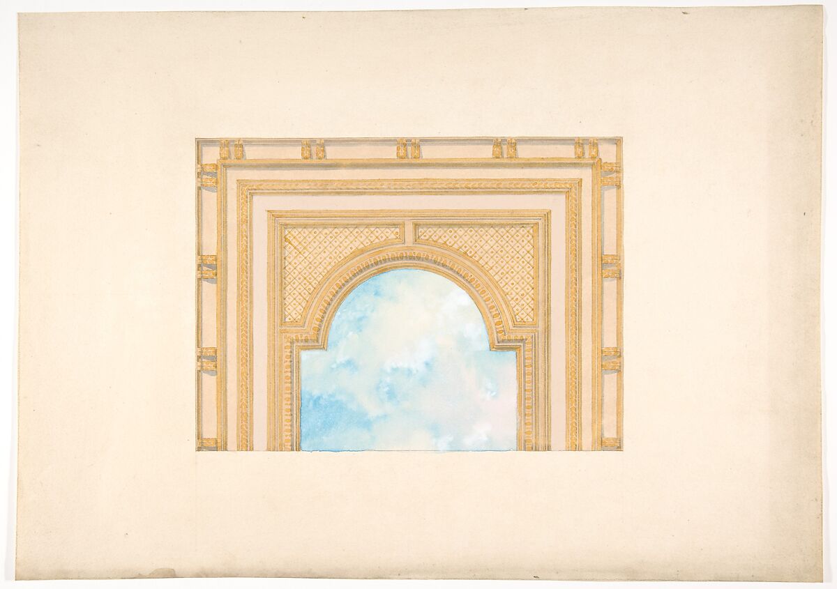 Partial design for a decorated ceiling painted with clouds, Jules-Edmond-Charles Lachaise (French, died 1897), Graphite, pen and ink, and watercolor on wove paper 