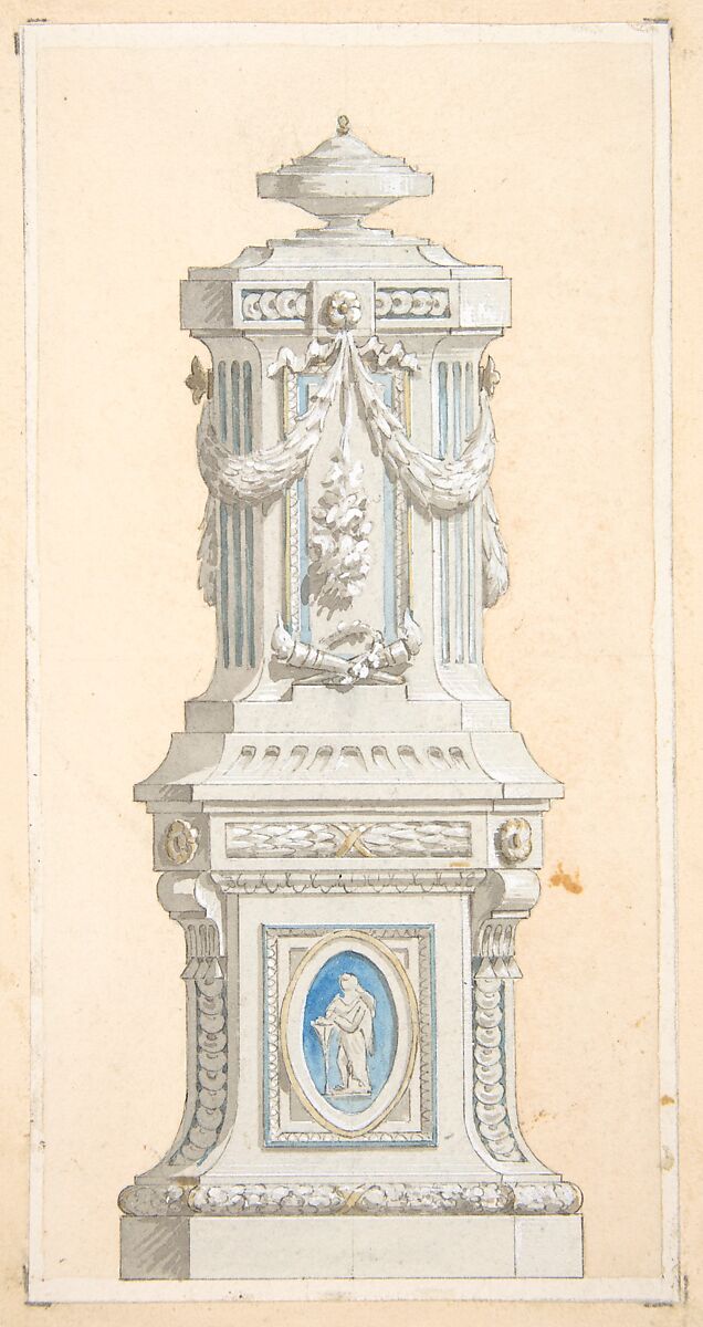 Design for an ornamented stone pedastal surmounted by an urn, Jules-Edmond-Charles Lachaise (French, died 1897), graphite and watercolor heightened with white on wove paper; mounted on laid paper 