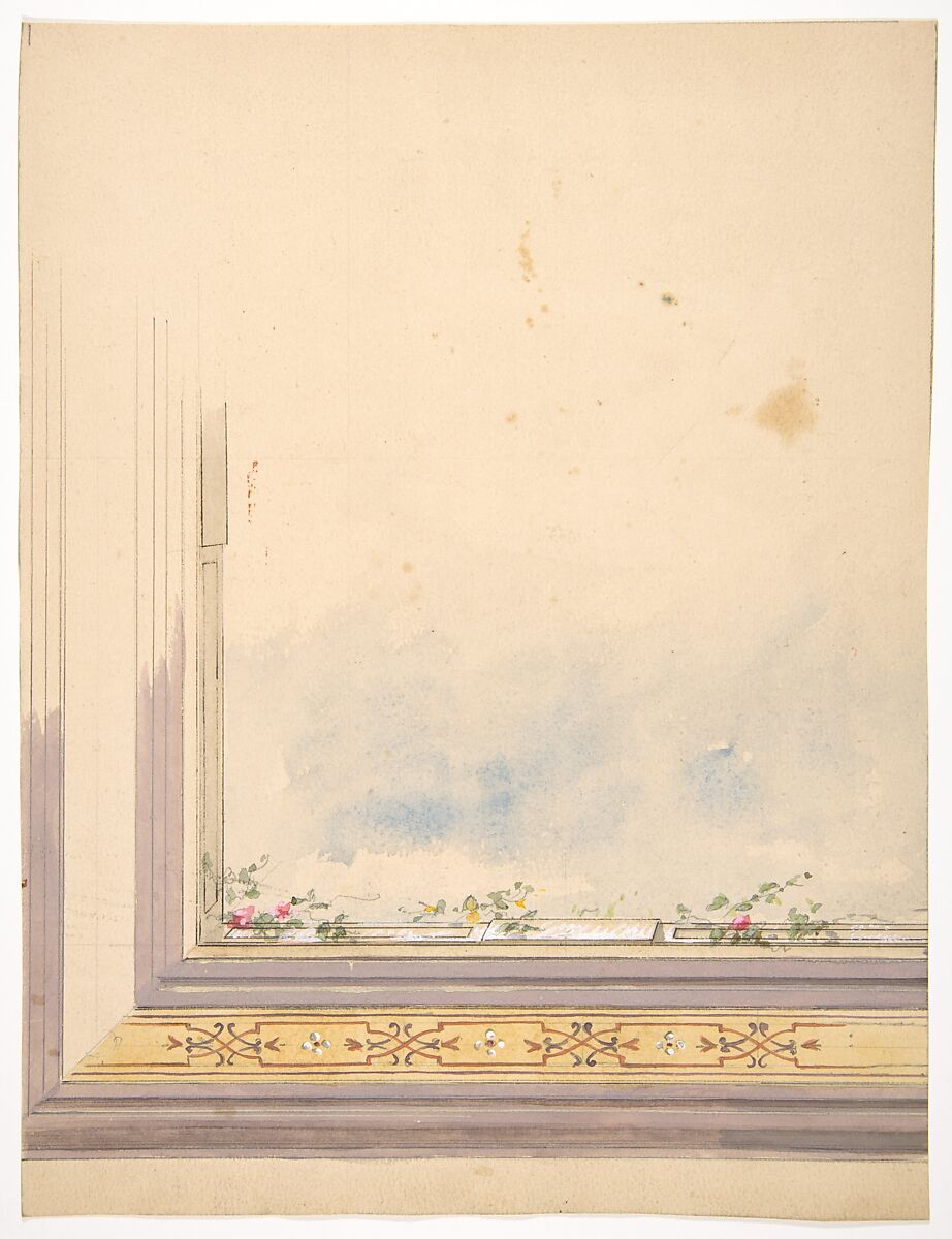 Design for a ceiling painted with clouds and flowering vines, Jules-Edmond-Charles Lachaise (French, died 1897), graphite, pen and ink, watercolor on wove paper 