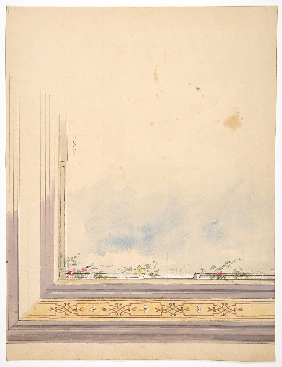 Design for a ceiling painted with clouds and flowering vines, Jules-Edmond-Charles Lachaise (French, died 1897), Graphite, pen and ink, watercolor 