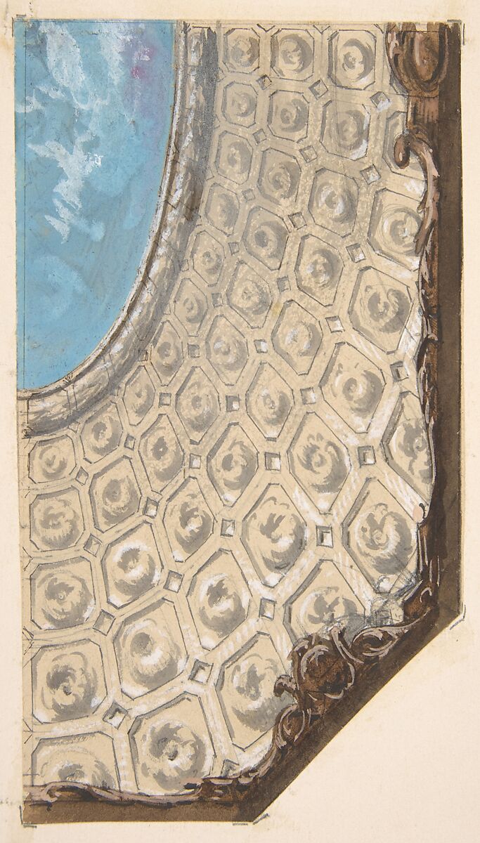 Design for a coffered ceiling with a central oval painted in clouds, Jules-Edmond-Charles Lachaise (French, died 1897), graphite, pen and ink, watercolor on wove paper; mounted on wove paper 