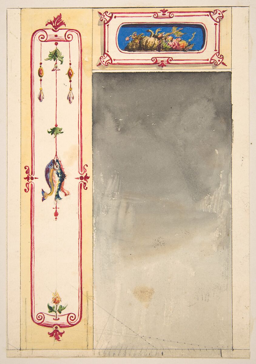 Design for panels framing a mirror decorated with scrolls and clusters of fish and vegetables, Jules-Edmond-Charles Lachaise (French, died 1897), Graphite, pen and ink, watercolor on wove paper; mounted on wove paper 