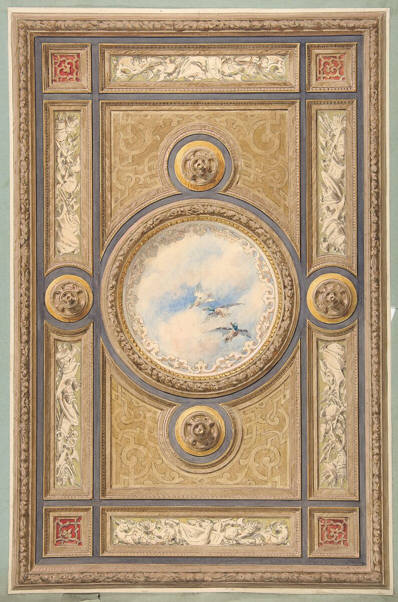 Design for a carved and painted ceiling with clouds and ducks in the central circular panel, Jules-Edmond-Charles Lachaise (French, died 1897), Graphite, pen and ink, watercolor on wove paper; mounted on blue paper 