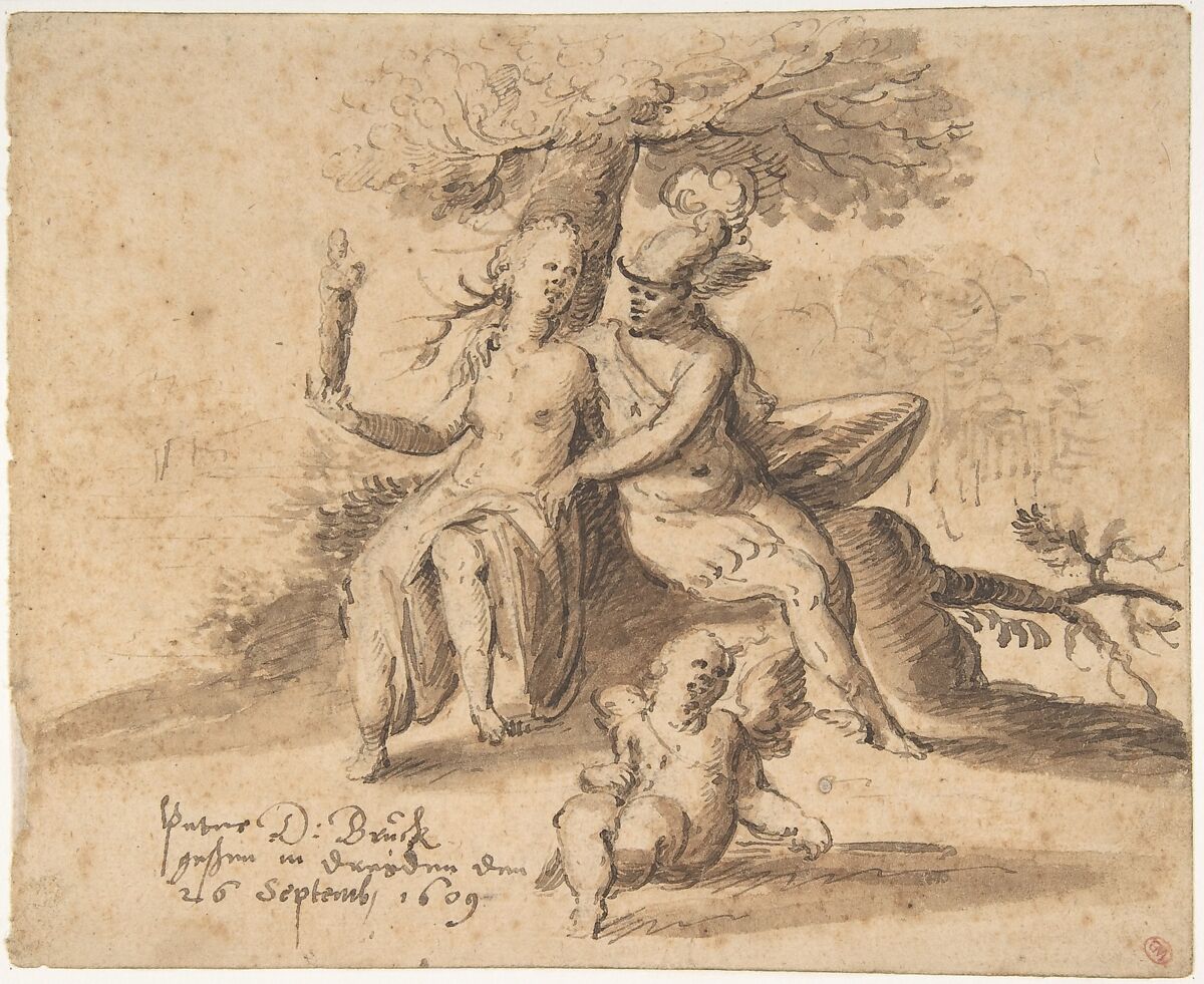 Hermes, Venus, and Cupid in a Landscape, Peter Bruck (German, active Cologne, 1609–29), Pen and brown ink, brush and brown wash. Framing line in pen and brown ink 