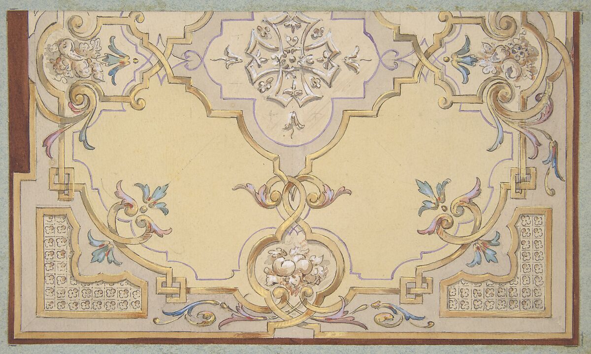 Partial design for the decoration of a ceiling with scrolls and swags of fruit, Jules-Edmond-Charles Lachaise (French, died 1897), graphite, pen and ink, watercolor, and gouache on wove paper; mounted on blue wove paper 