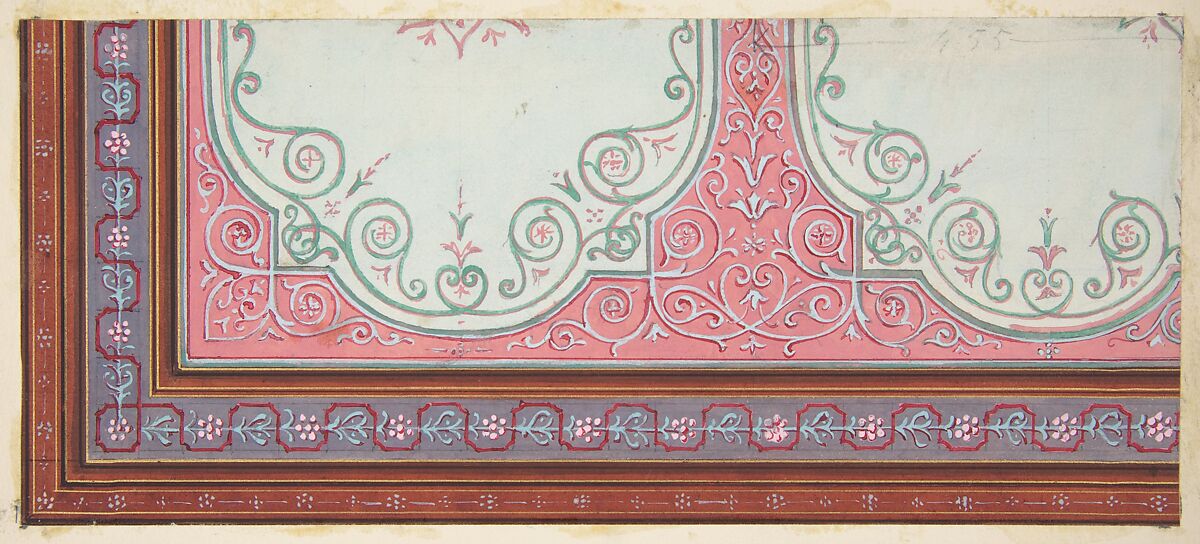 Partial design for the decoration of a ceiling with scrollwork and a border of ribbons and berries, Jules-Edmond-Charles Lachaise (French, died 1897), Graphite, watercolor, and gold paint on laid paper; mounted on wove paper 