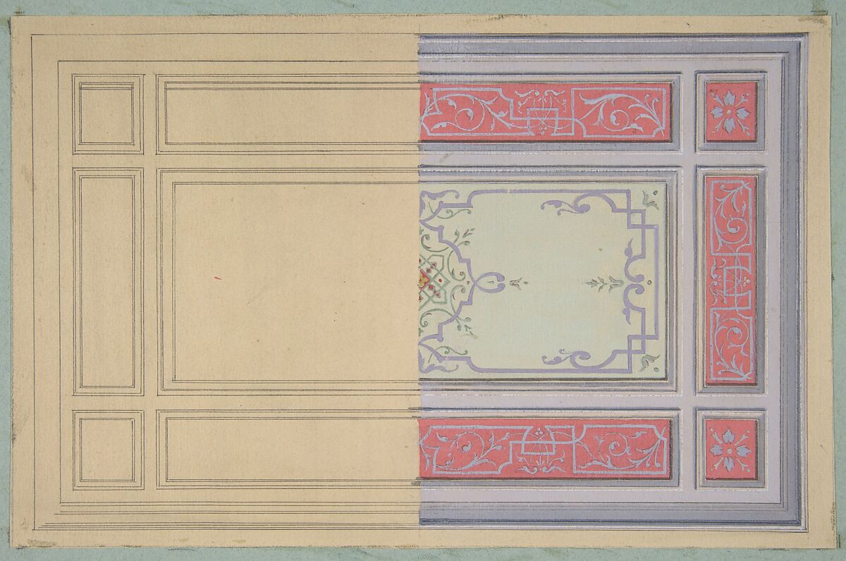 Design for the painted decoration of a ceiling in strapwork and rinceaux, Jules-Edmond-Charles Lachaise (French, died 1897), Graphite, watercolor, and gouache on wove paper; mounted on blue wove paper 