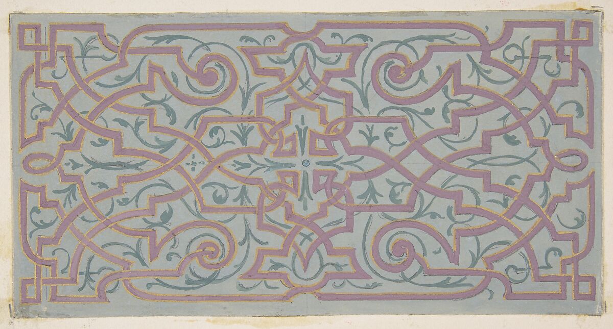 Design for the decoration of a ceiling with strapwork, Jules-Edmond-Charles Lachaise (French, died 1897), graphite, watercolor, gouache, and gold paint on laid paper; mounted on wove paper 