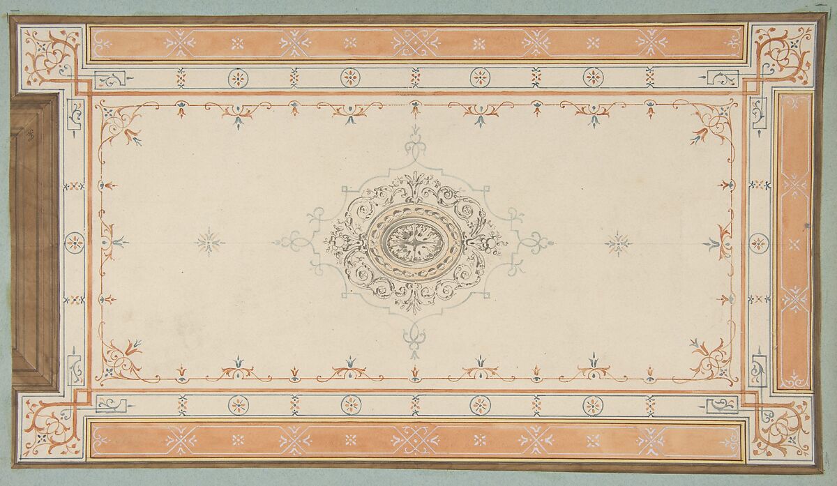 Design for the decoration of a ceiling with filagree borders and a central medallion, Jules-Edmond-Charles Lachaise (French, died 1897), watercolor over graphite on wove paper; mounted on blue paper 