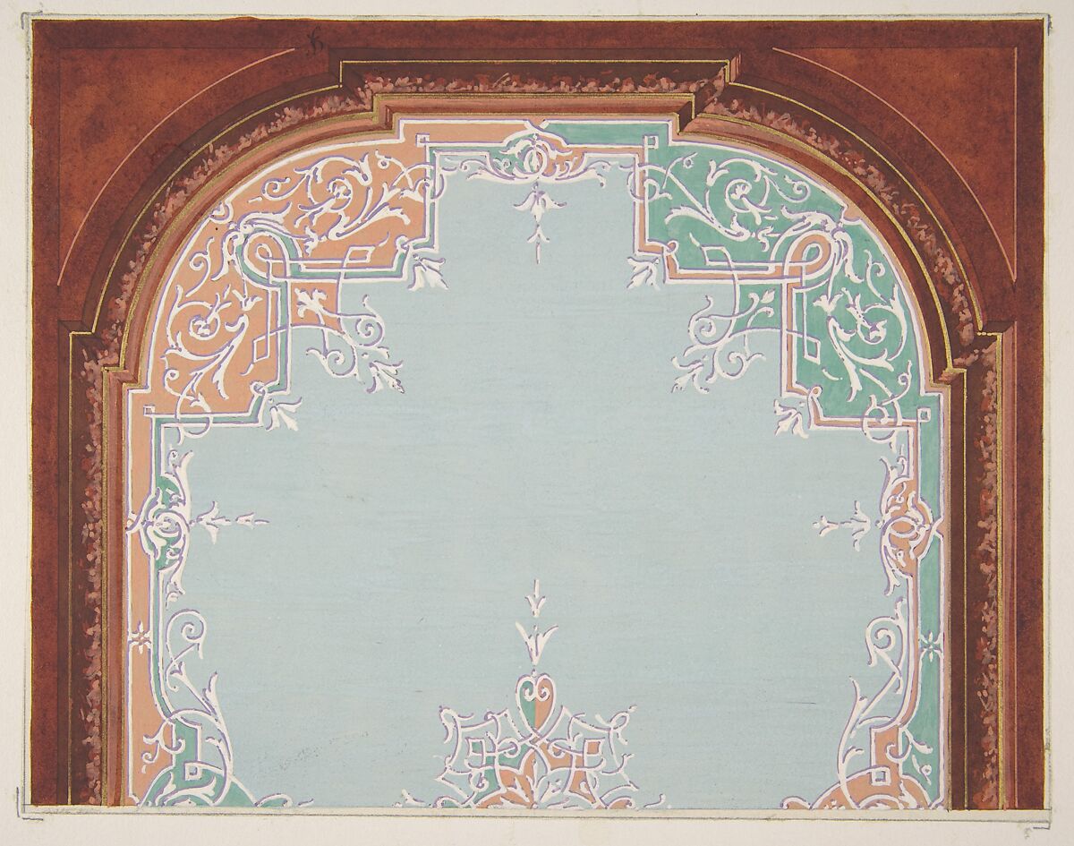 Designs for a painted ceiling with filagree borders, Jules-Edmond-Charles Lachaise (French, died 1897), watercolor, gouache, and gold paint over graphite on wove paper; mounted on wove paper 