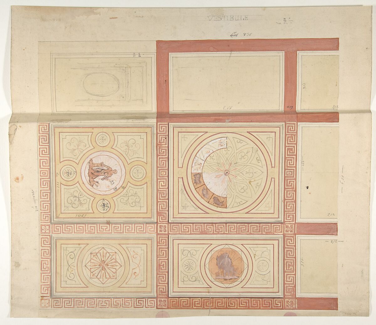 Design for the decoration of the ceiling of a vestibule in painted panels with roman key borders, Jules-Edmond-Charles Lachaise (French, died 1897), graphite, pen and ink, watercolor, and gouache 