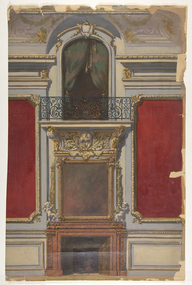 Elevation of an interior with a chimneypiece surmounted by a mirror and a second floor balcony, Jules-Edmond-Charles Lachaise (French, died 1897), Pen and ink, graphite, and oil on tracing paper; mounted on wove paper 
