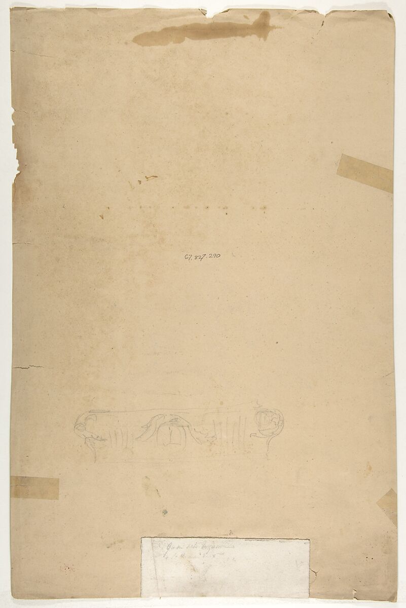 Elevation of an interior with a chimneypiece surmounted by a mirror and a second floor balcony, Jules-Edmond-Charles Lachaise (French, died 1897), Pen and ink, graphite, and oil on tracing paper; mounted on wove paper