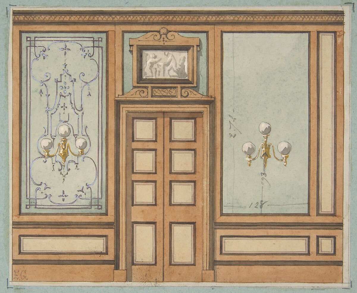 Elevation of a paneled interior with double doors and gaslight sconces, Jules-Edmond-Charles Lachaise (French, died 1897), graphite, pen and ink, watercolor on wove paper; mounted on blue wove paper 