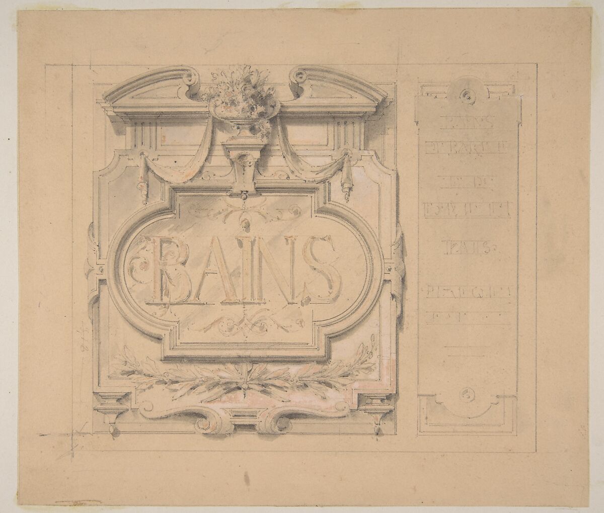 Design for an ornamental plaque for a bath house, Jules-Edmond-Charles Lachaise (French, died 1897), graphite, wash, and watercolor on wove paper; mounted on wove paper 
