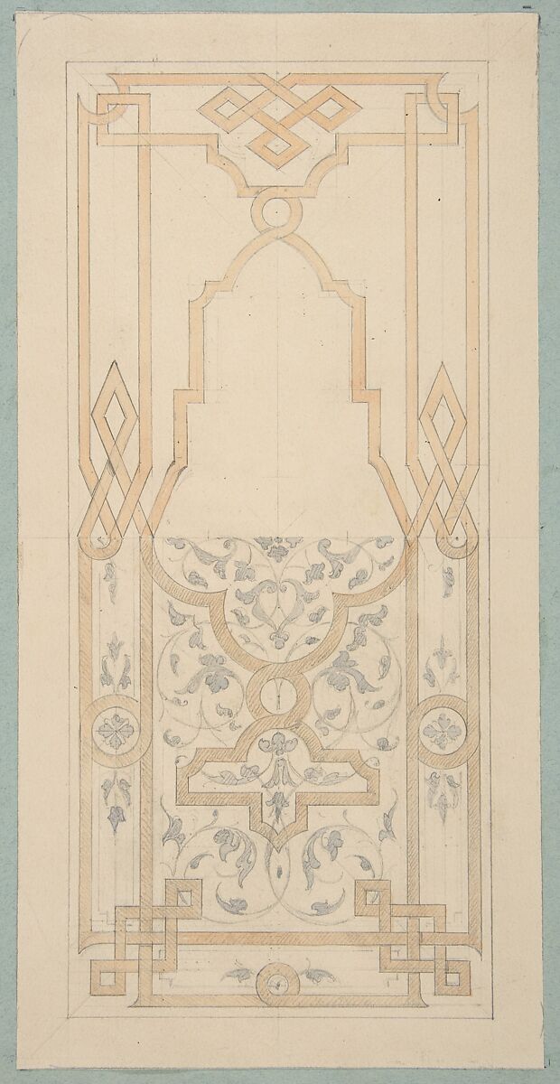 Design for a panel ornamented with strapwork and rinceaux, Jules-Edmond-Charles Lachaise (French, died 1897), graphite and watercolor on wove paper; mounted on blue wove paper 