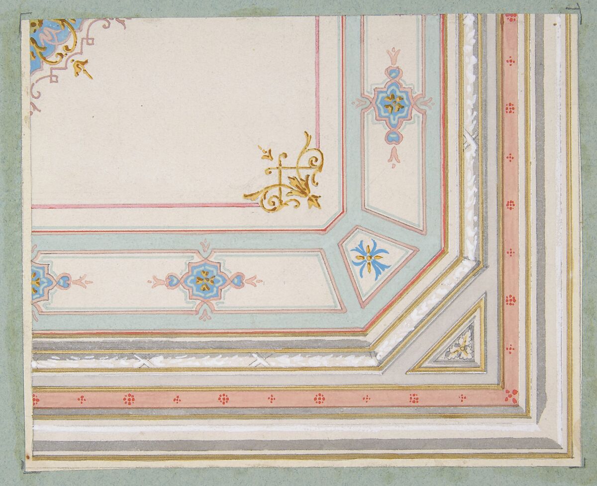 Partial design for a painted ceiling, Jules-Edmond-Charles Lachaise (French, died 1897), graphite, wash, watercolor, gouache, and gold paint on wove paper; mounted on blue wove paper 