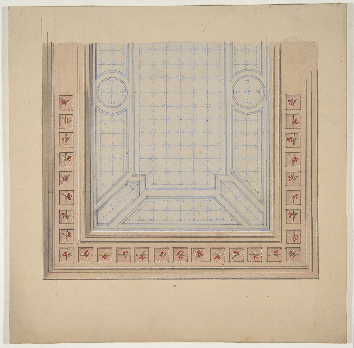 Partial design for ceiling with a border of flowers, Jules-Edmond-Charles Lachaise (French, died 1897), graphite, pen and ink, watercolor, and gouache on wove paper 