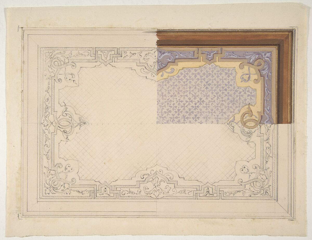 Design for the painted decoration of a ceiling, Jules-Edmond-Charles Lachaise (French, died 1897), graphite, watercolor, and gold paint on wove paper; mounted on laid paper 