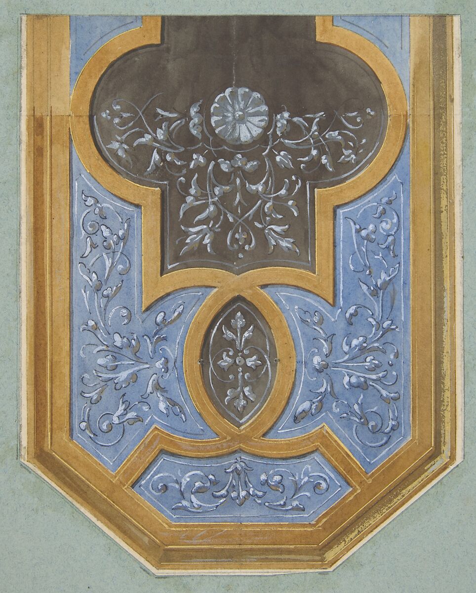 Design for the decoration of a ceiling with rinceaux, Jules-Edmond-Charles Lachaise (French, died 1897), Pen and ink, watercolor, gouache, and gold paint over graphite on laid paper; mounted on blue wove paper 