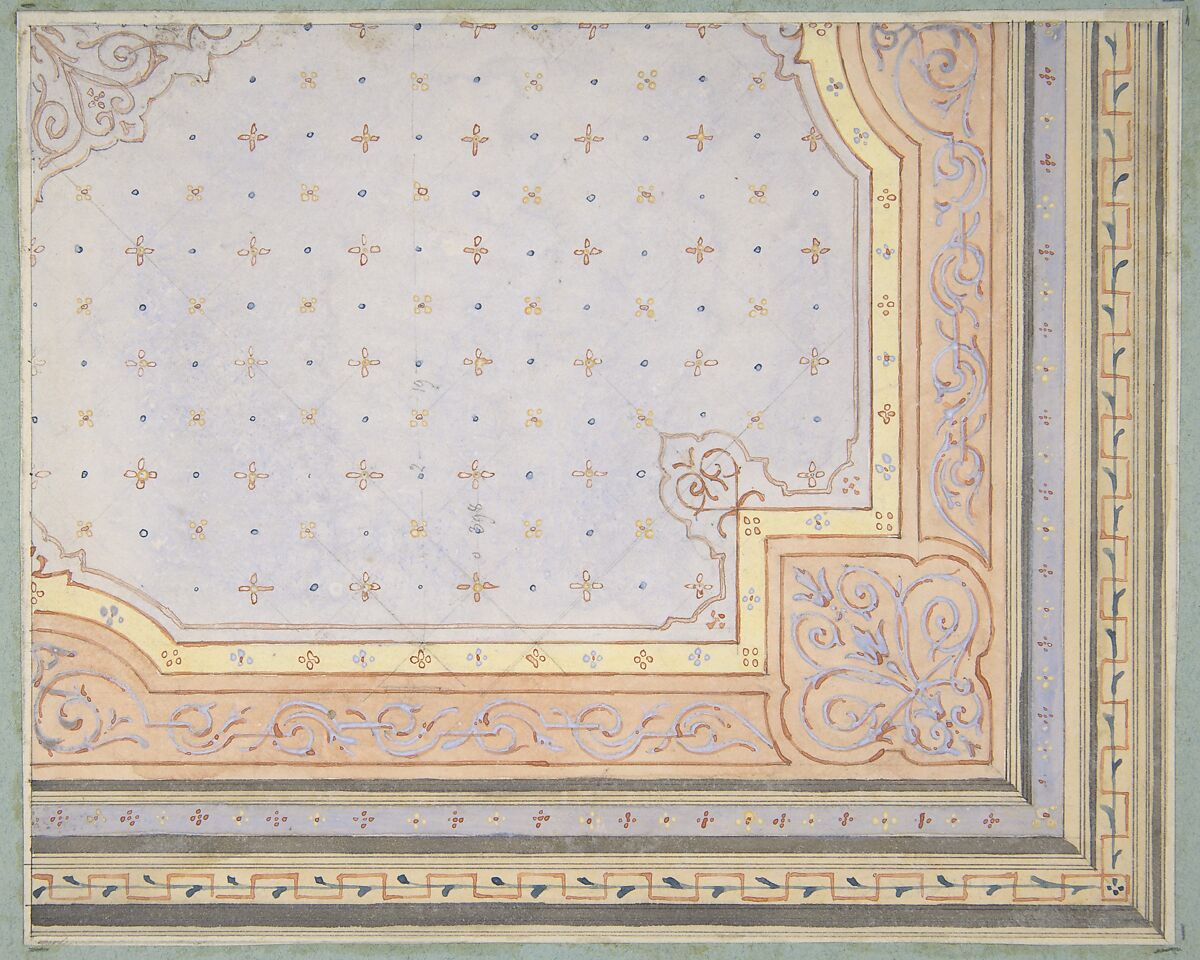 Partial design for the painted decoration of a ceiling, Jules-Edmond-Charles Lachaise (French, died 1897), pen and ink, watercolor, and gouache over graphite on wove paper; mounted on blue wove paper 